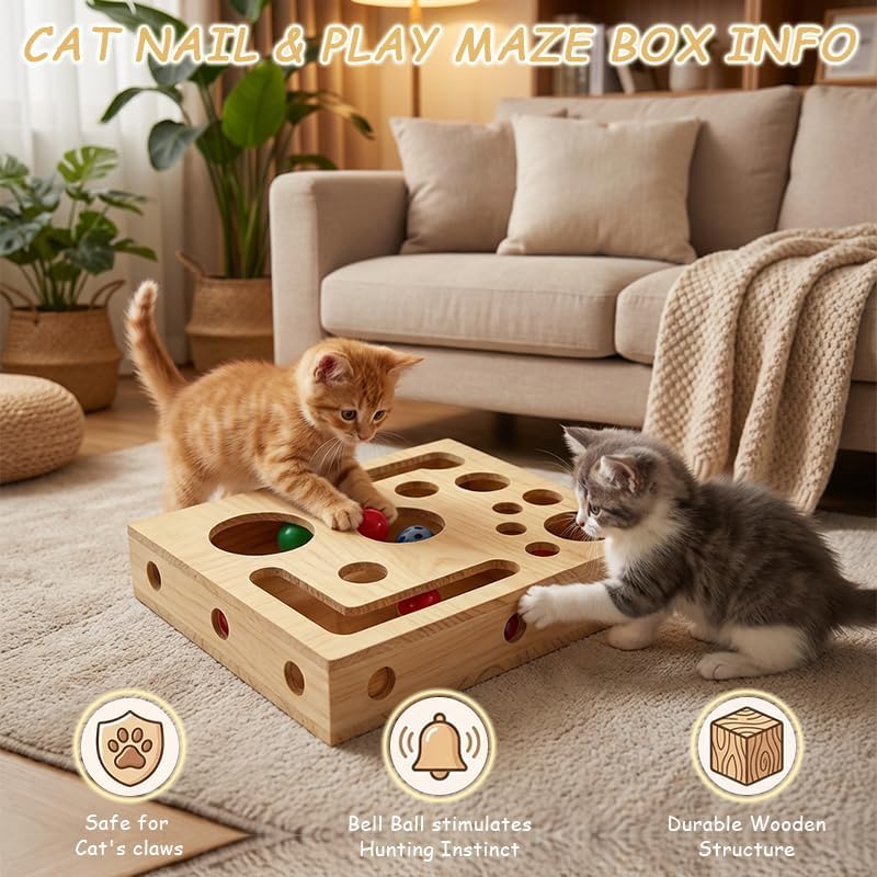 Caja de enriquecimiento para gatos de madera sólida, diseño duradero para uso diario.