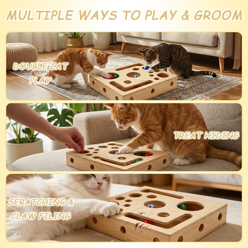 Caja de enriquecimiento para gatos con juego interactivo que mantiene al felino activo mentalmente.