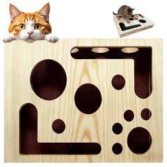 Caja de enriquecimiento para gatos con laberinto de madera: estimula juego natural.
