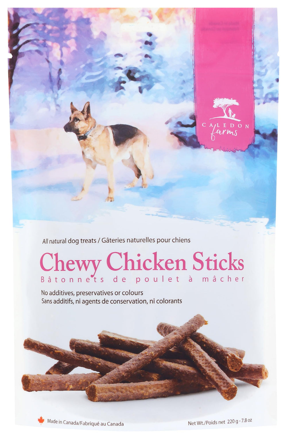 Caledon Farms palitos de pollo para perros, empaque con cuatro bolsas, snack sin gluten