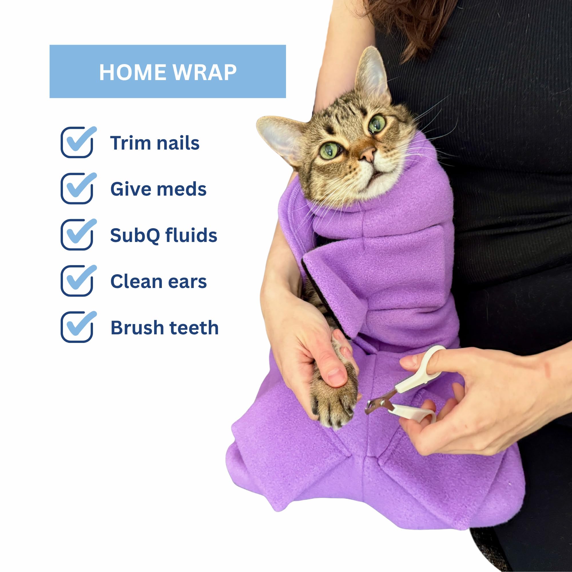 Calm & Cozy Cat Wrap Lavanda, lateral: soporte cómodo para manejo seguro.