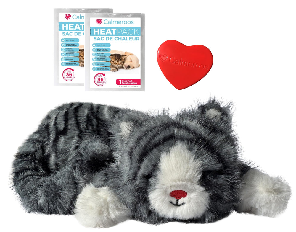 Calmeroos peluche-corazon-confort gris rayas: compañía reconfortante para mascotas.