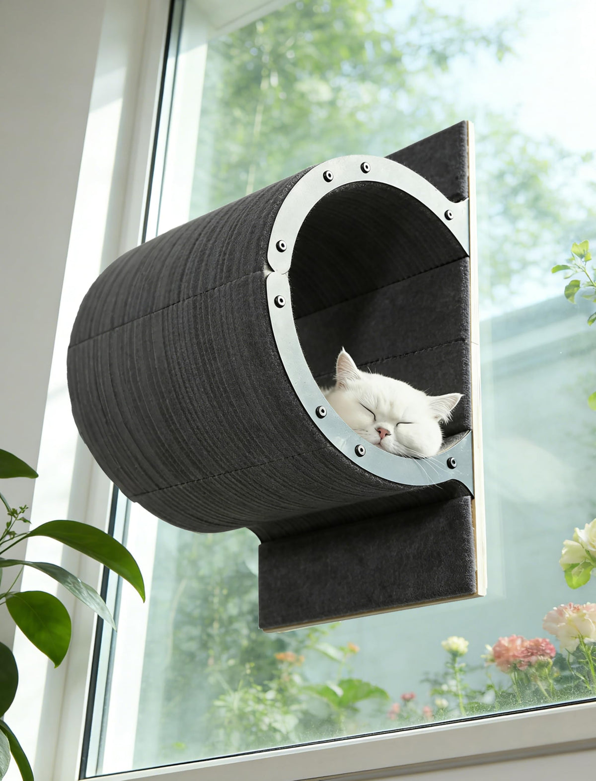 Caloreduce cama-ventana-gato-sueño: descanso al sol en superficie suave