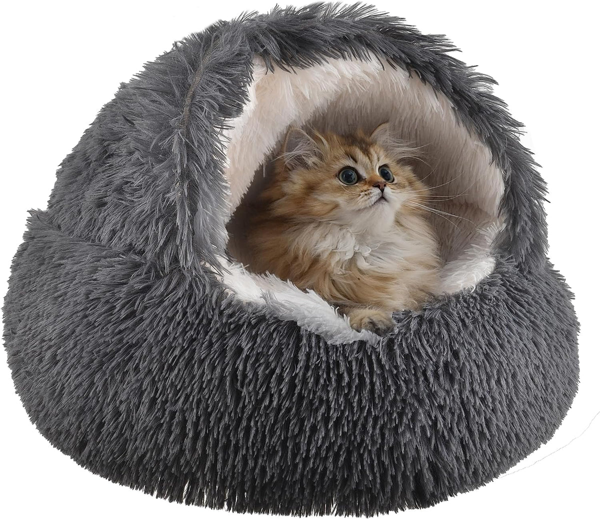 Cama de gato redonda con capucha, refugio cálido para siestas seguras.