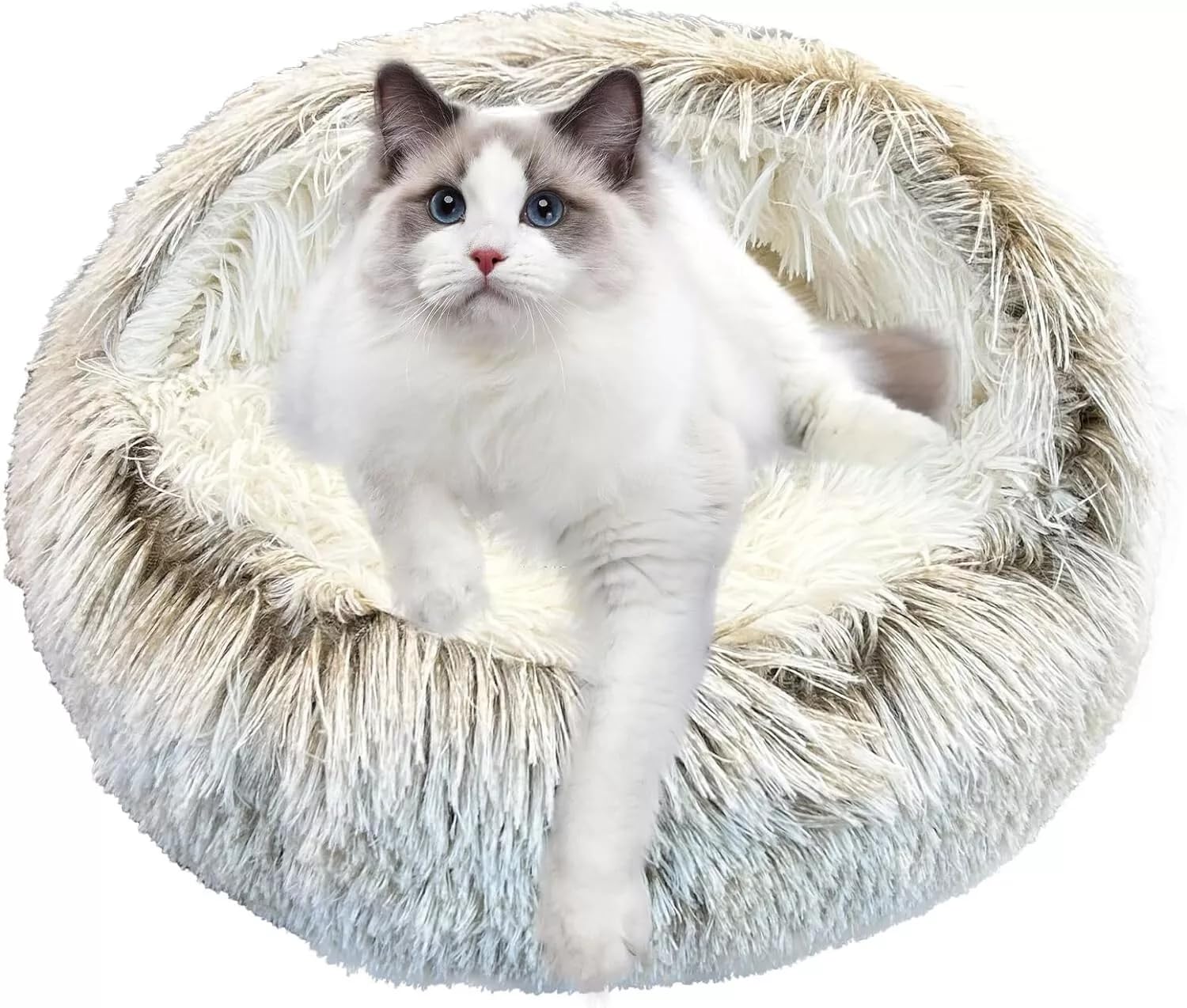 Cama para gato redonda con capucha de peluche, ideal para descanso cómodo.