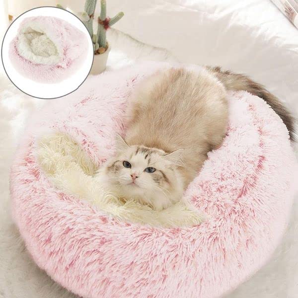 Cama-gato-redonda-capucha-rosa-grande ofrece refugio cálido para tu mascota.