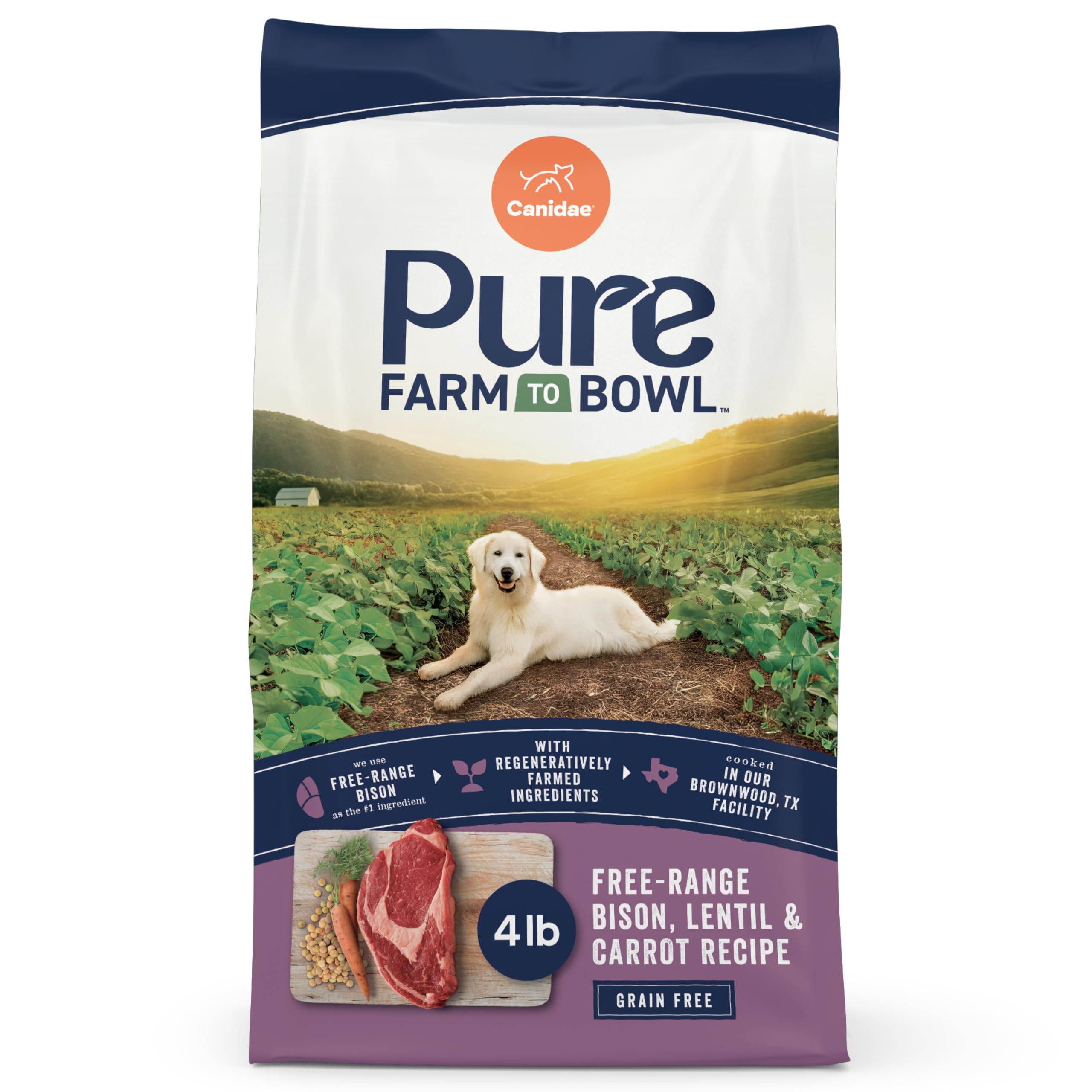 CANIDAE Pure Bison Lentejas Zanahoria 4lb Bolsa: alimento premium para perros adultos activos.