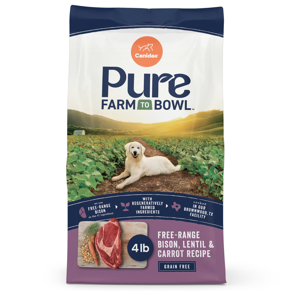 CANIDAE Pure Bison Lentejas Zanahoria 4lb Bolsa: alimento premium para perros adultos activos.