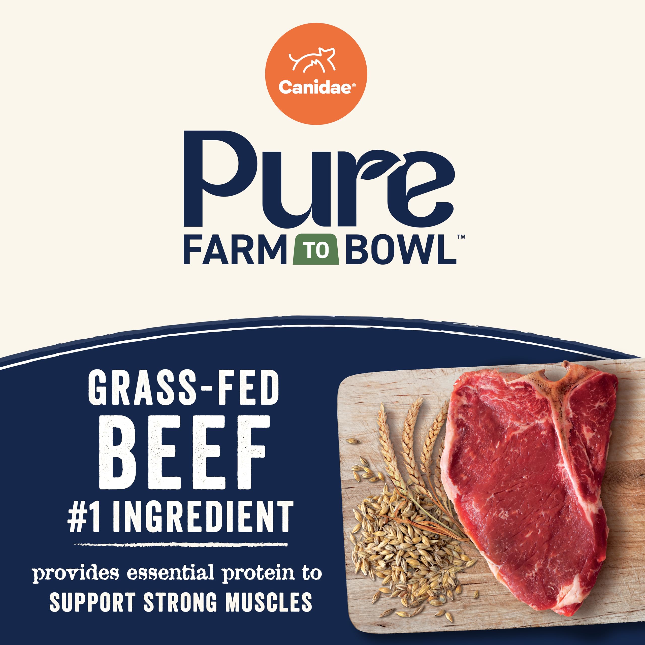 CANIDAE Pure Farm carne de res alimentada con pasto como ingrediente principal.