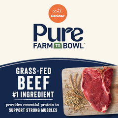 CANIDAE Pure Farm carne de res alimentada con pasto como ingrediente principal.