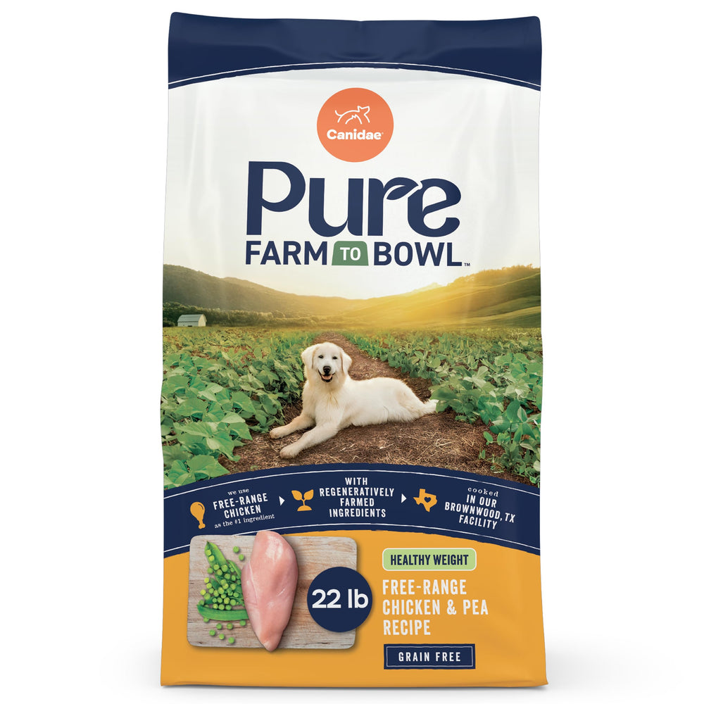 CANIDAE Pure Farm to Bowl pollo de corral como primer ingrediente para peso saludable.