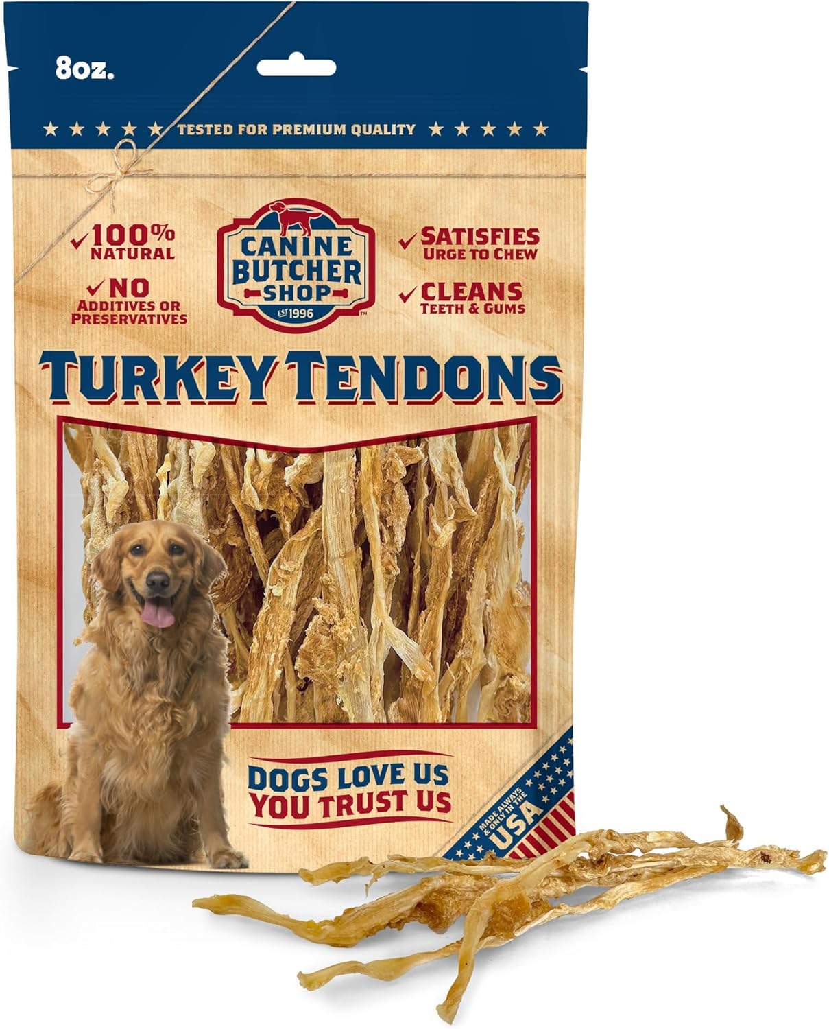 Canine Butcher Shop: tendones de pavo 8 oz, masticables naturales para perros activos.