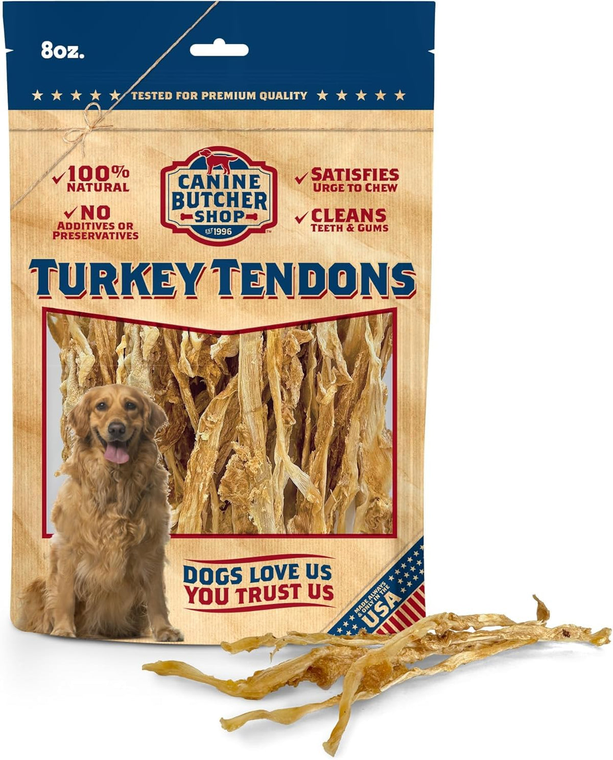 Canine Butcher Shop: tendones de pavo 8 oz, masticables naturales para perros activos.