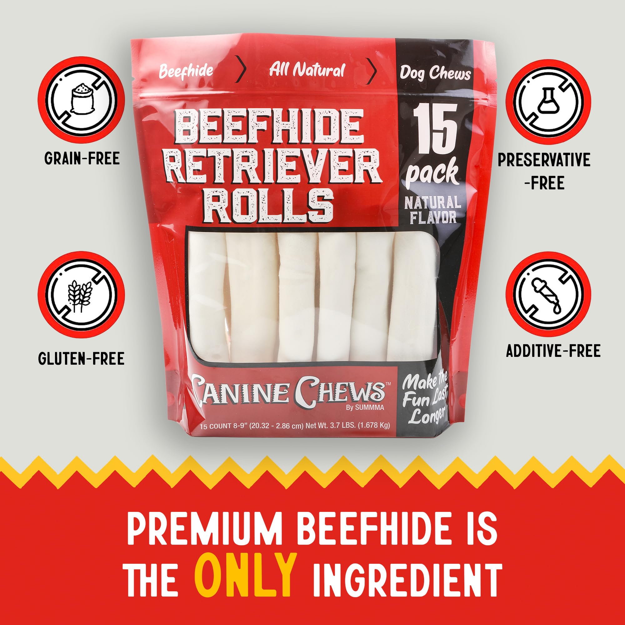 Canine Chews rollos de res natural para perros grandes con sabor suave.
