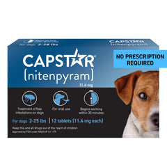 Capstar: tabletas para perro en empaque, acción rápida contra pulgas.