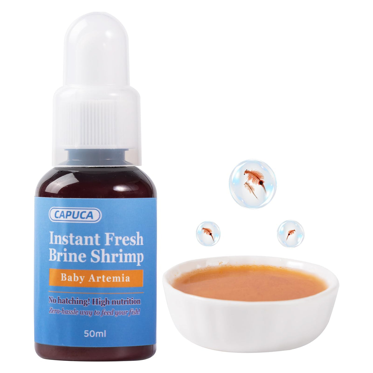 Capuca alimento de artemia para crías, botella de 50 ml, favorece crecimiento saludable.