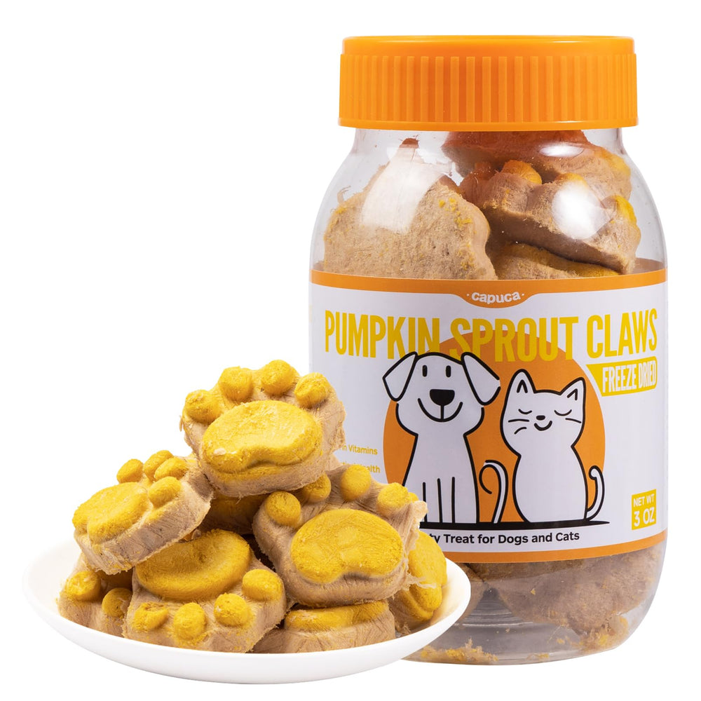 Capuca golosinas liofilizadas con calabaza para gatos y perros, apoyo digestivo natural.