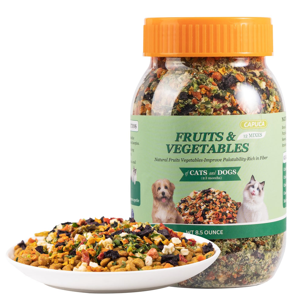 Capuca mezcla vegetal-fruta 12en1 en envase 8.5oz, snack saludable para mascotas.