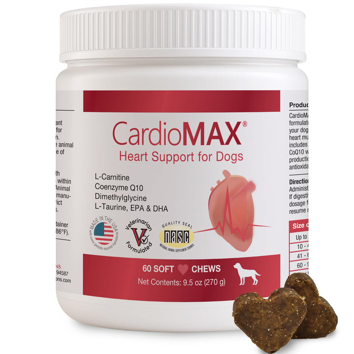 Cardiomax muestra el empaque con 60 pastillas masticables para apoyo diario del corazón