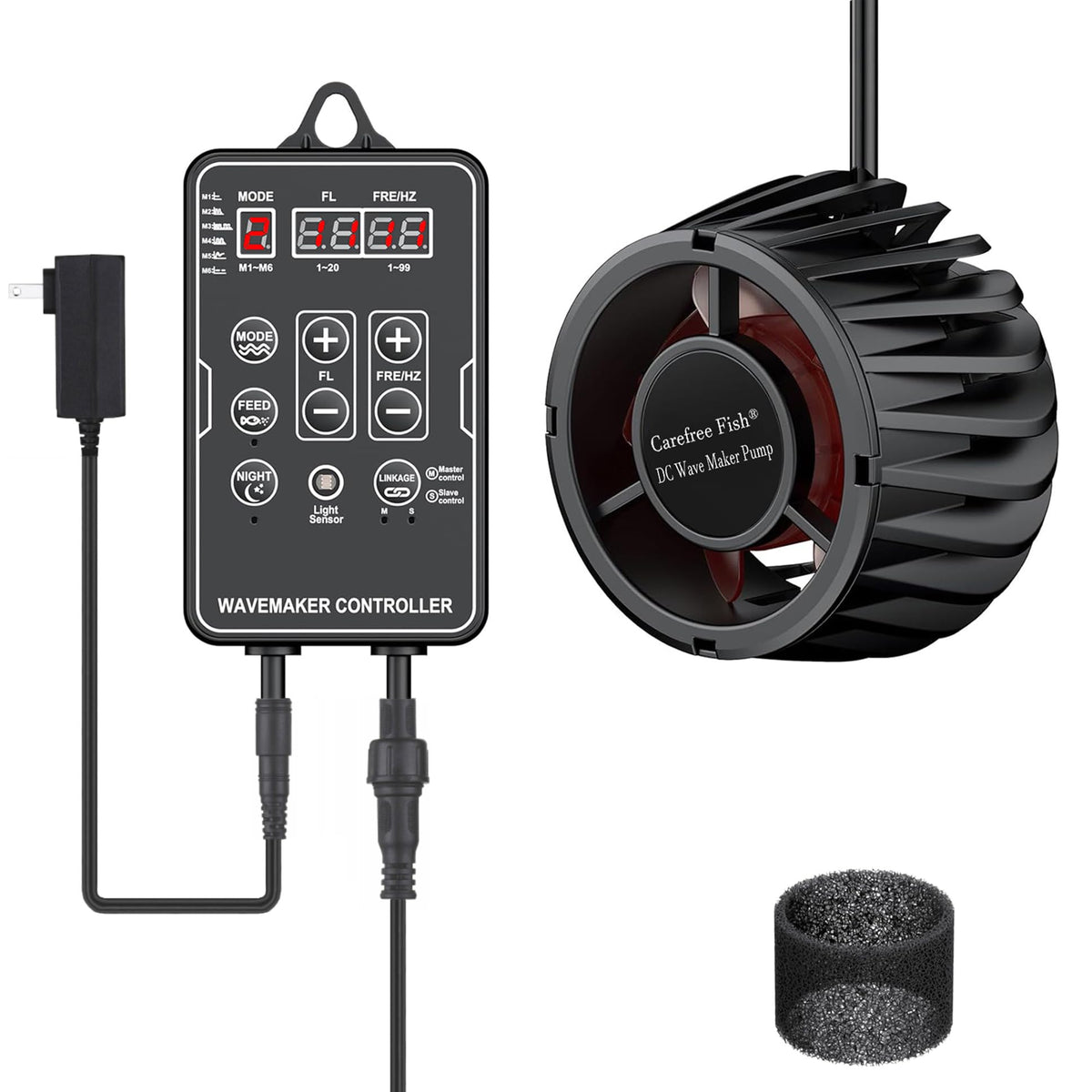 Carefree Fish wavemaker con pantalla LED para ajustar el flujo en acuarios.