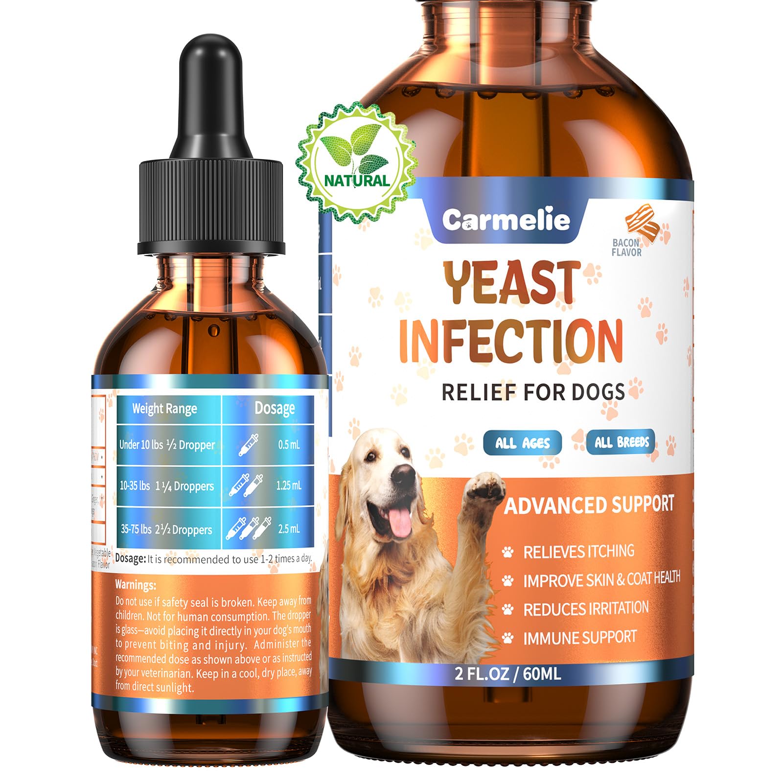 Carmelie levadura para perros en botella de 60 ml para piel sensible.