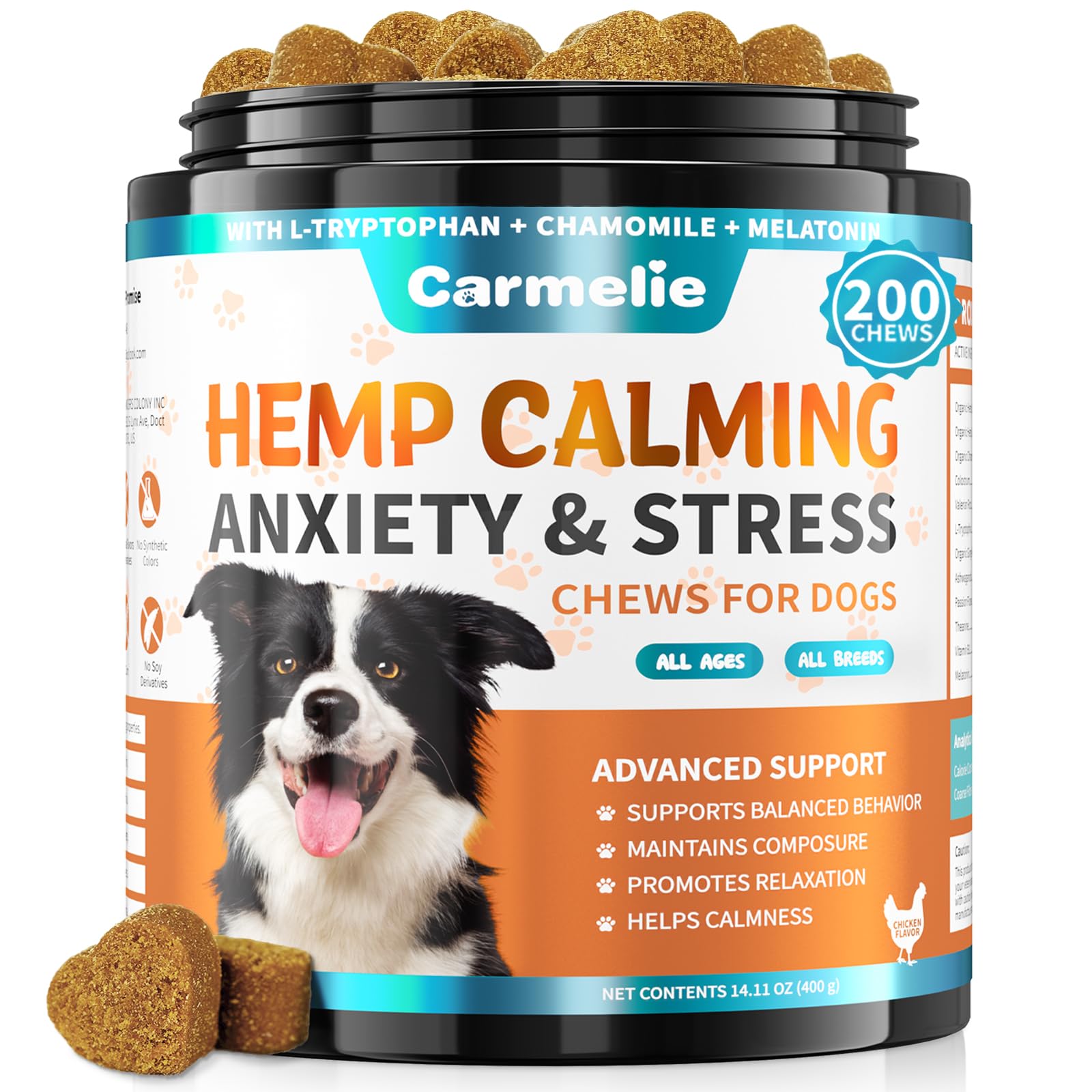 Carmelie golosinas calmantes para perro en bote, ideal para apoyo emocional