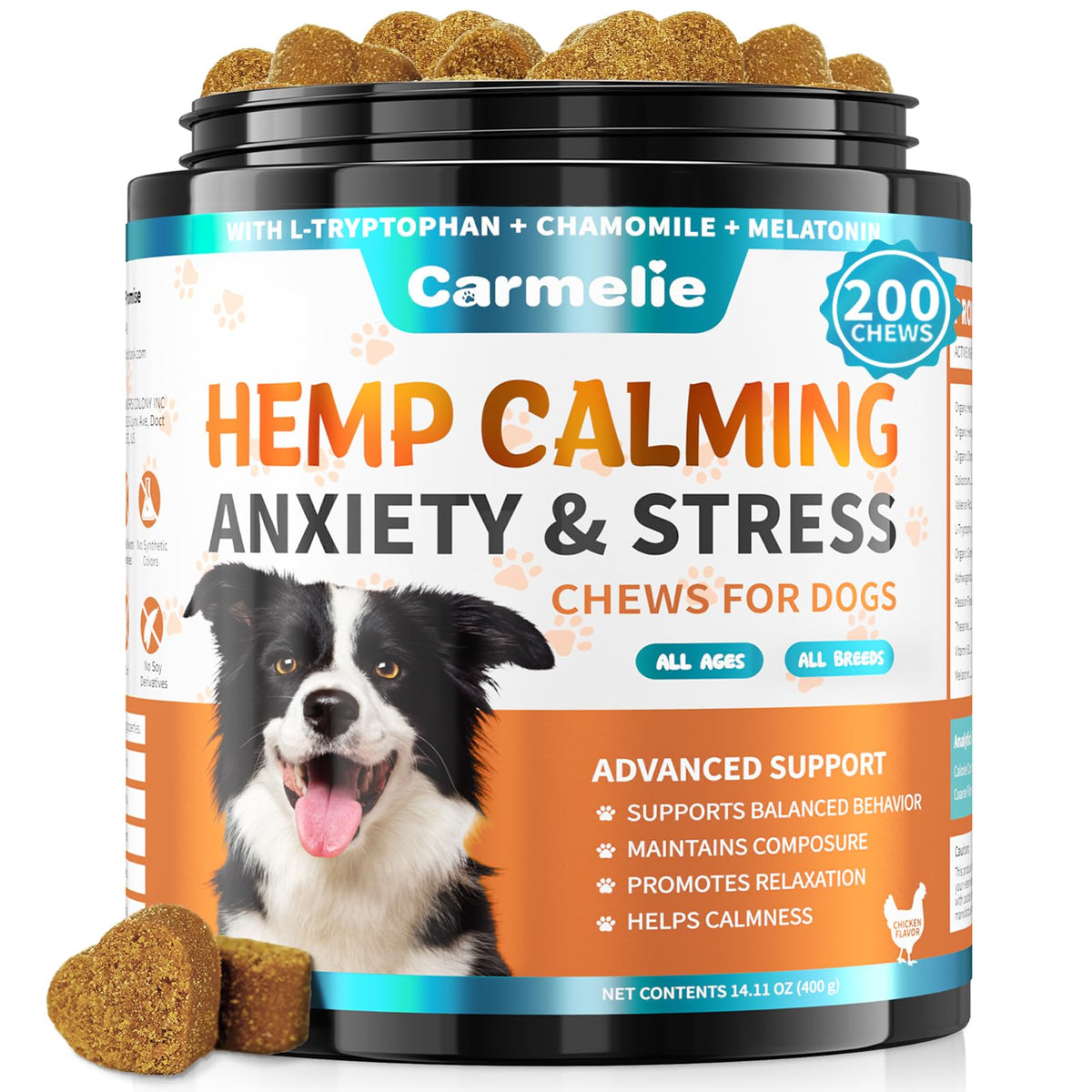 Carmelie golosinas calmantes para perro en bote, ideal para apoyo emocional