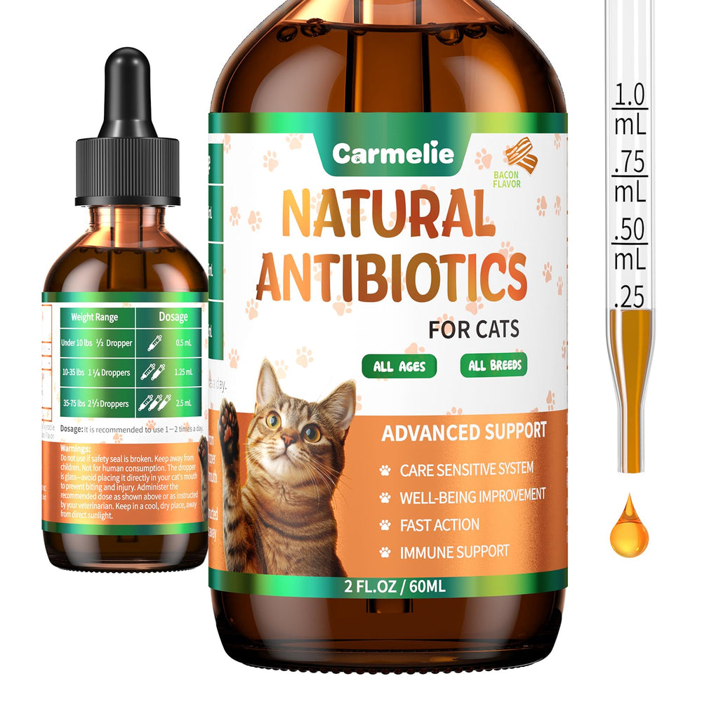 Carmelie, gotas de antibiótico natural para gato, apoyo al equilibrio general.
