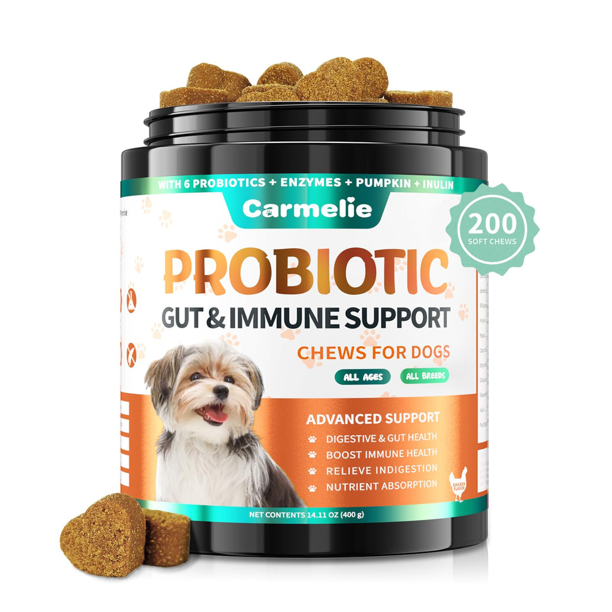Carmelie probióticos para perros, empaque de 200 masticables, apoyo digestivo diario.