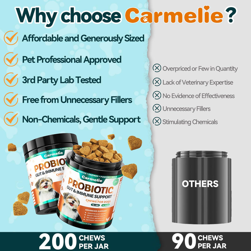 Carmelie probióticos para perros, fórmula con calabaza y enzimas digestivas.