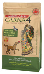 CARNA4 pato alimento seco para perros, envase, favorece una dieta sin granos y práctica.