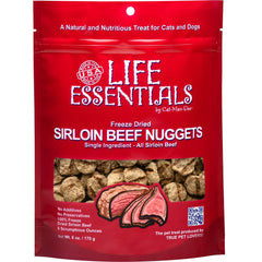 LIFE ESSENTIALS: frente de bolsa de carne res liofilizada, snack sabroso para mascotas.