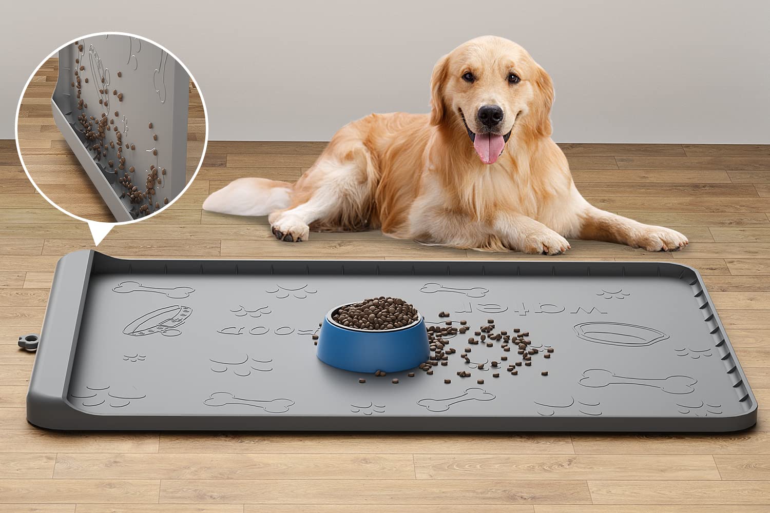 Carry360 alfombra para comida de perro de silicona 36x24 gris, protege el suelo.