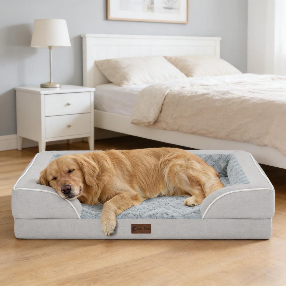 Casa Paw cama ortopédica extragrande, envuelta en empaque compacto para envío.