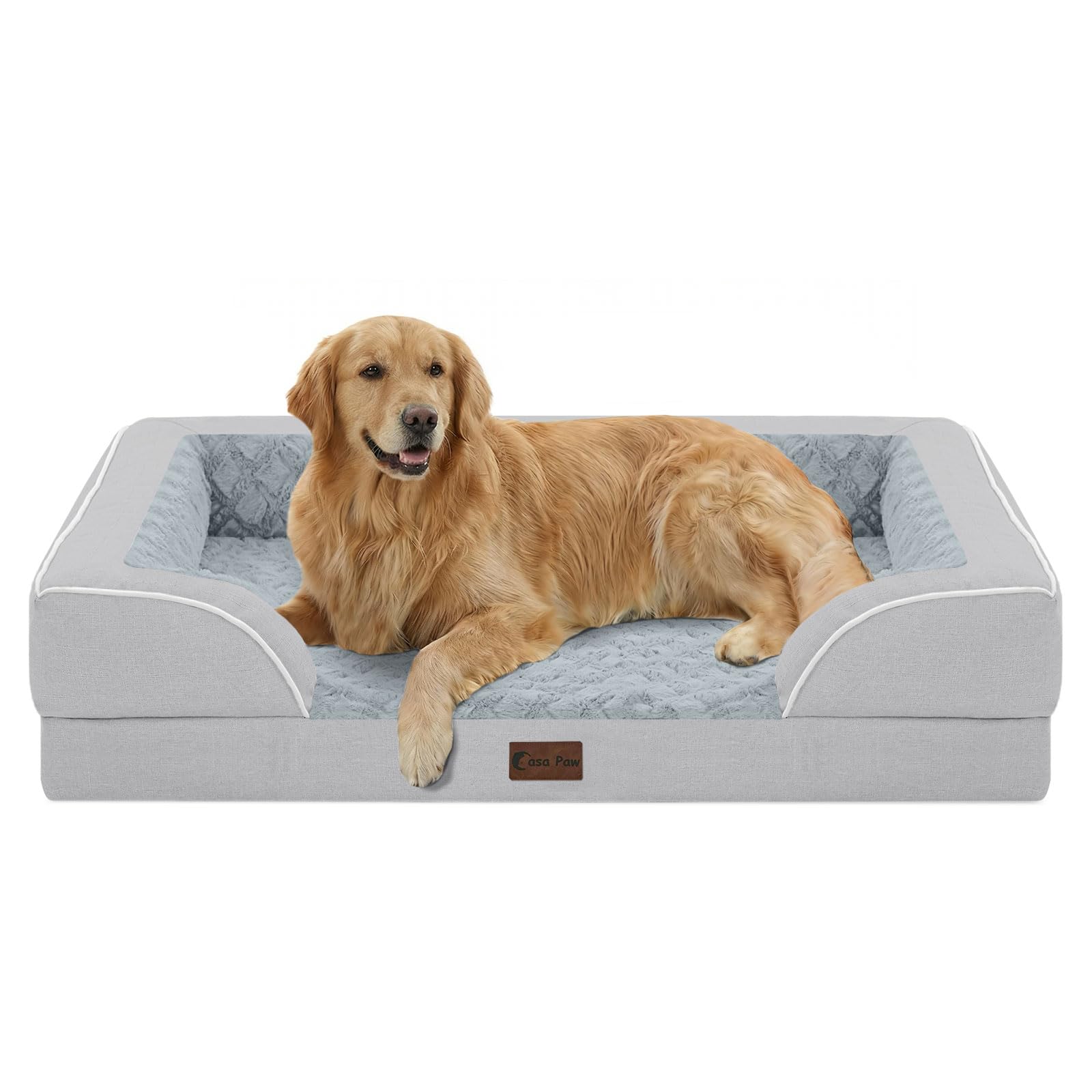 Casa Paw cama ortopédica extragrande, vista frontal, soporte estable para descanso cómodo.