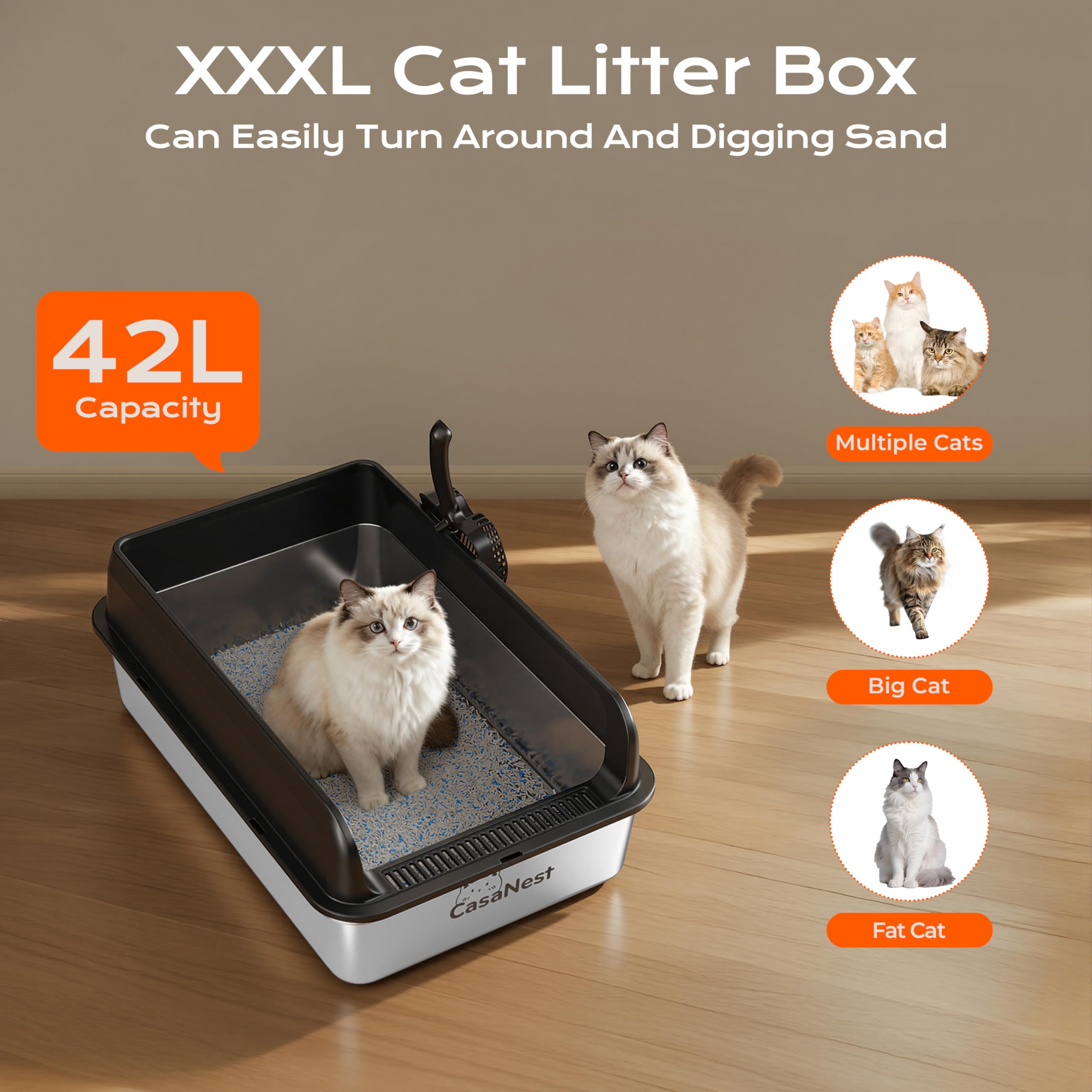 CasaNest caja XXL en acero inoxidable, acceso bajo para entrada fácil de gatitos.