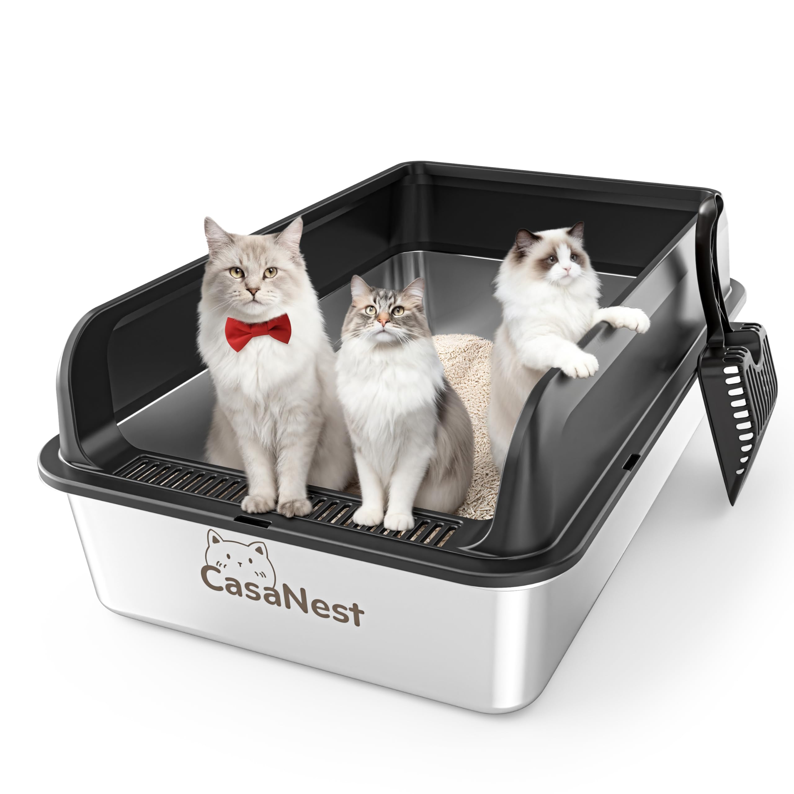 CasaNest caja de arena XXL en acero inoxidable, vista frontal, ideal para gatos grandes.