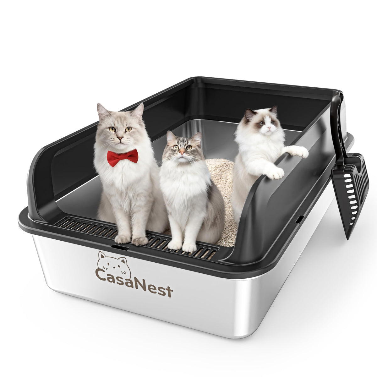 CasaNest caja de arena XXL en acero inoxidable, vista frontal, ideal para gatos grandes.