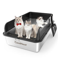 CasaNest caja de arena XXL en acero inoxidable, vista frontal, ideal para gatos grandes.