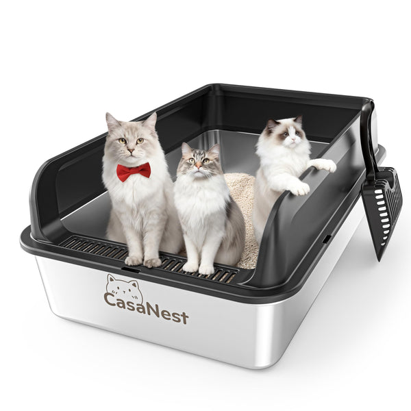 CasaNest caja de arena XXL en acero inoxidable, vista frontal, ideal para gatos grandes.