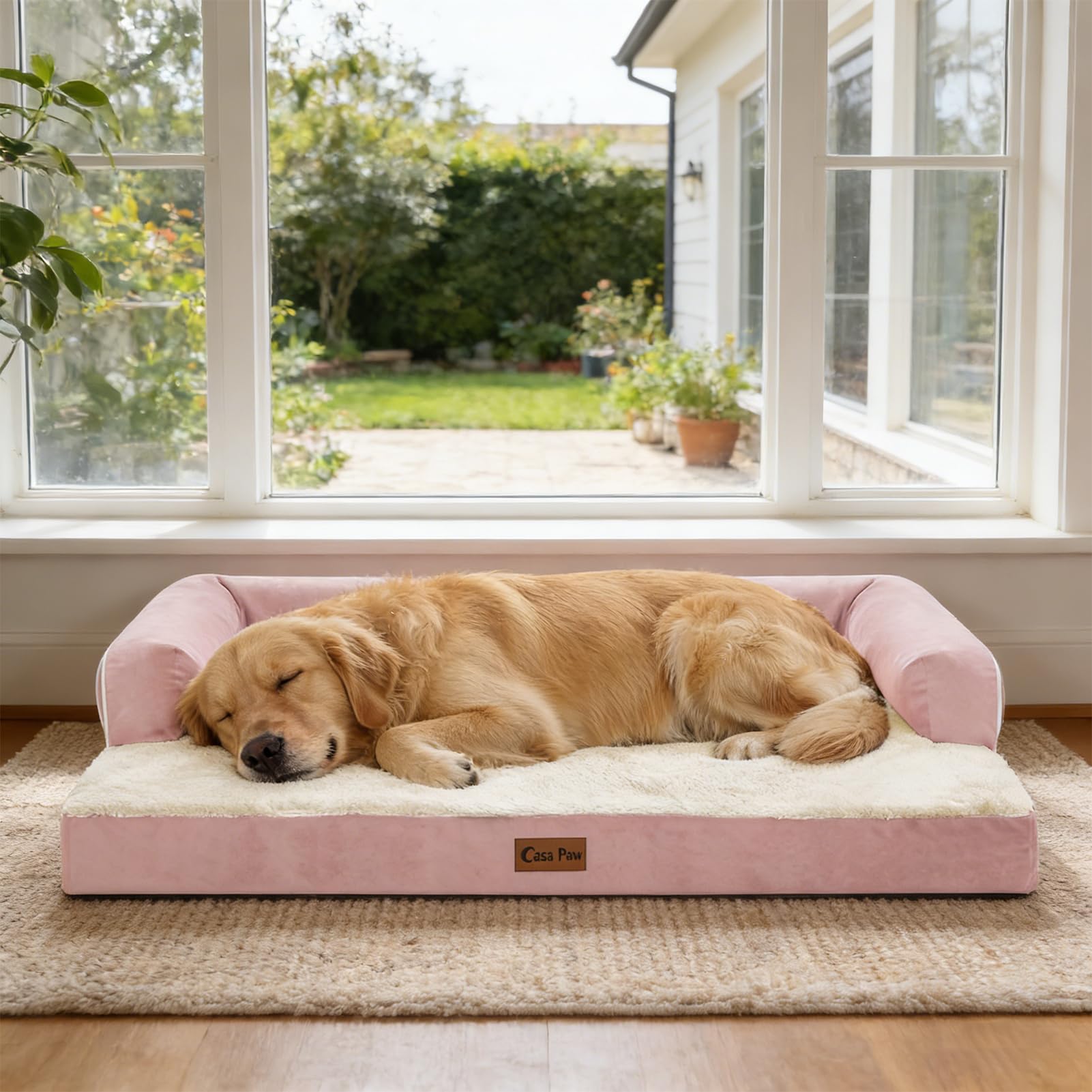 Casa Paw cama para perros extra grandes, rosa, ideal para descansar tras un paseo.