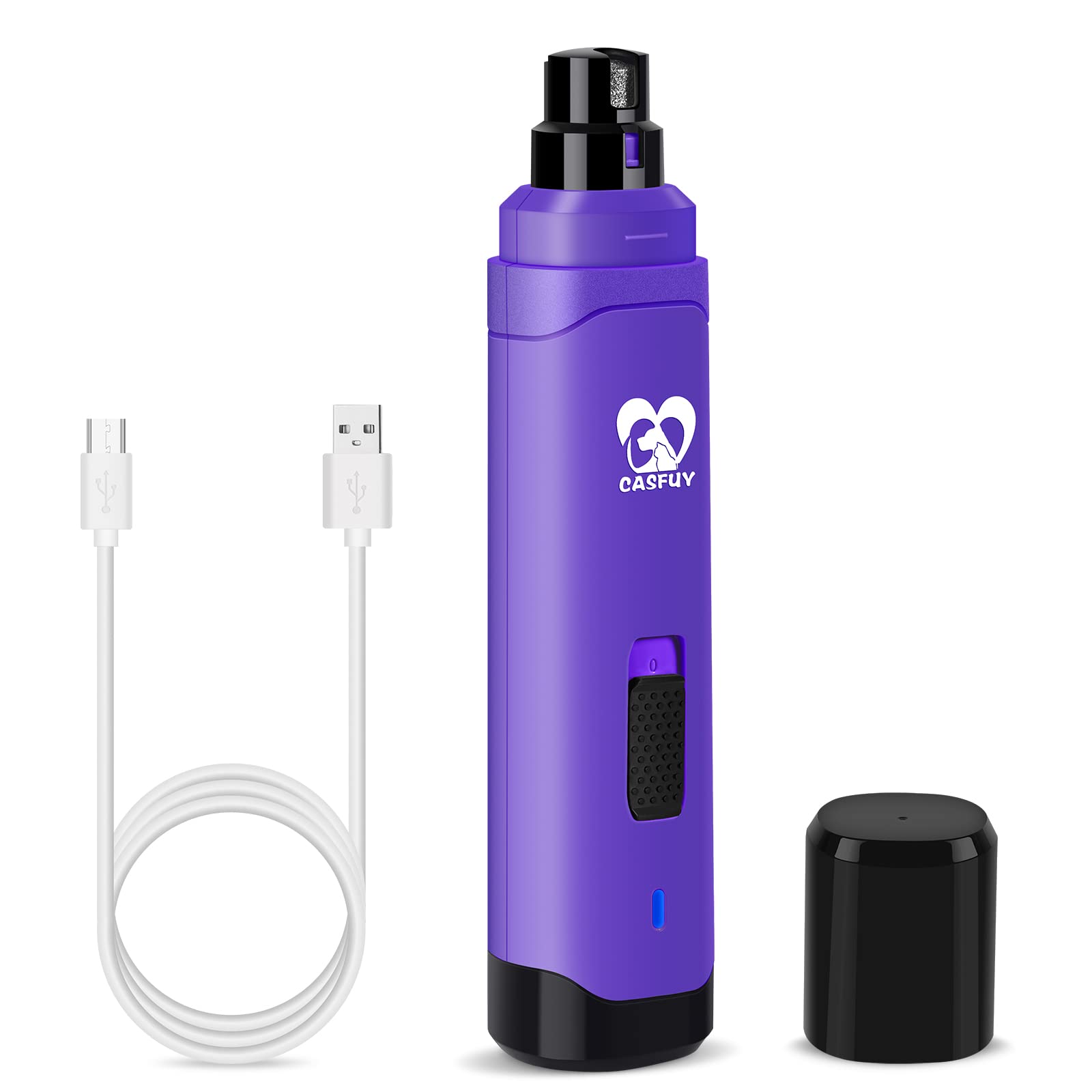 Casfuy lijador de uñas para perros, 2 velocidades, vista frontal y compacto.