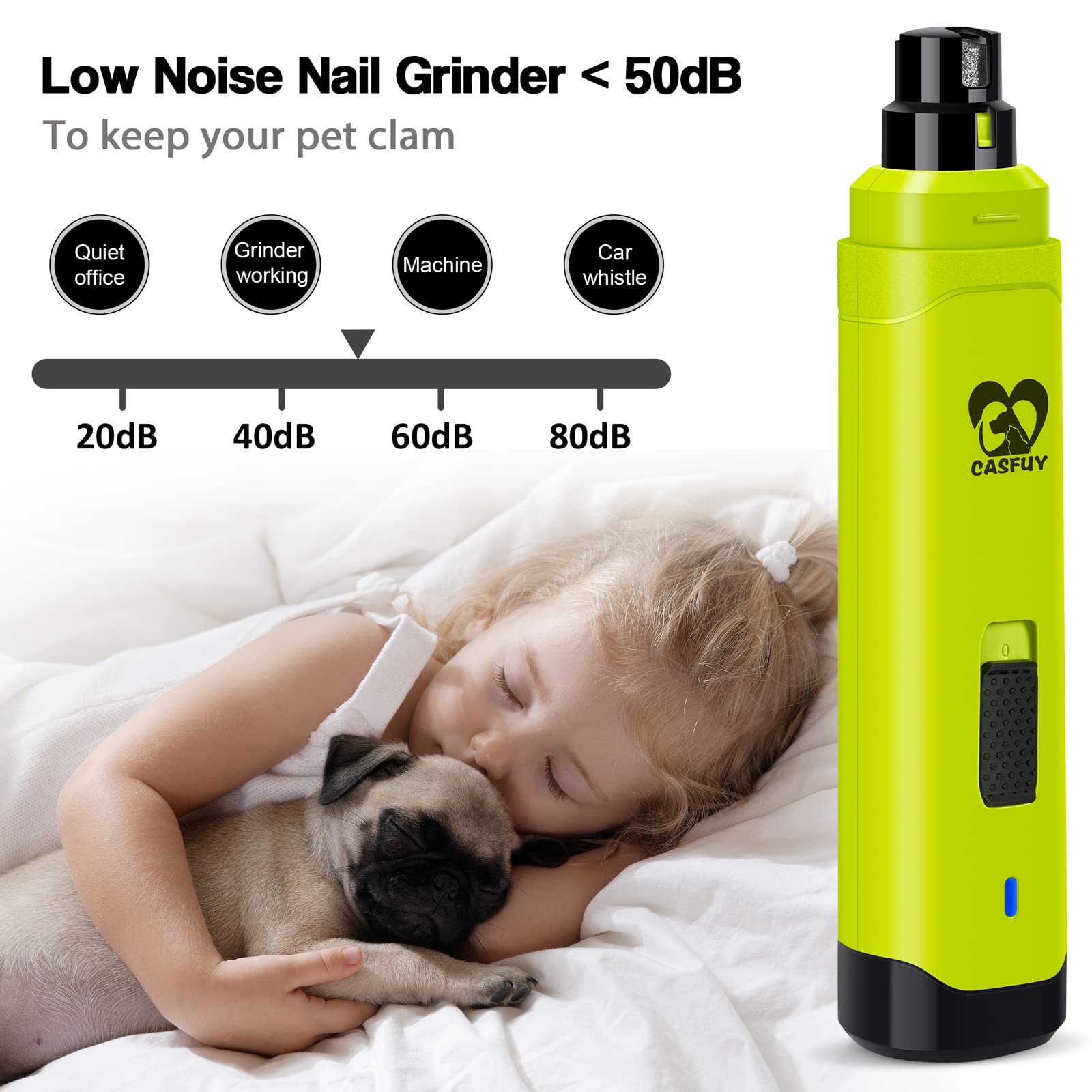Casfuy lijadora de uñas para perros, silencio y baja vibración para sesiones tranquilas