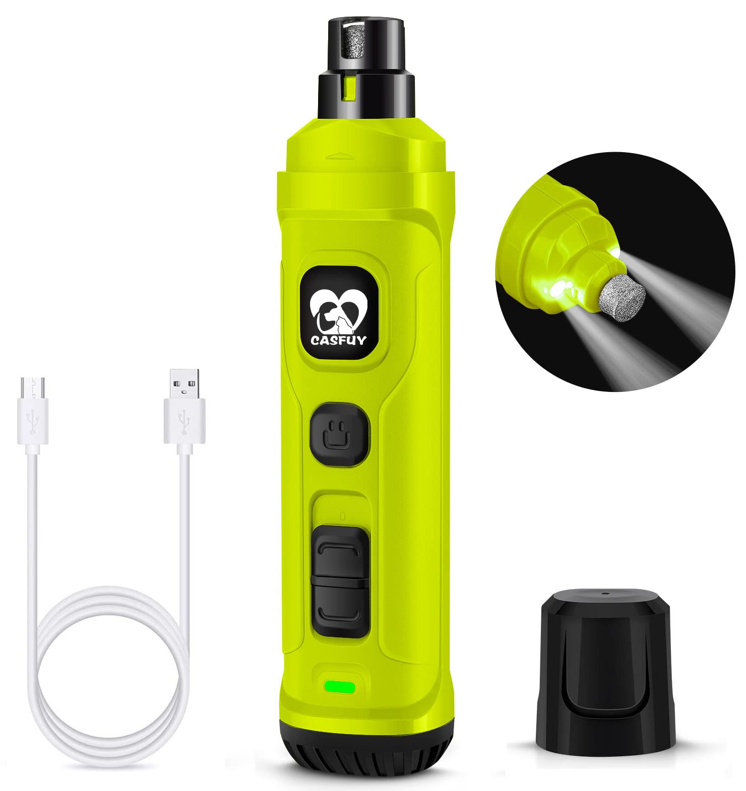 Casfuy lijadora de uñas para perros con dos luces LED iluminando la zona viva para un recorte preciso.