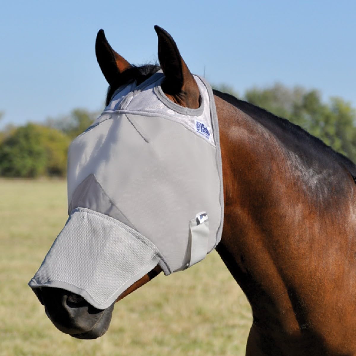 Cashel Crusader, máscara antimoscas nariz larga para caballo gris, protección cómoda.