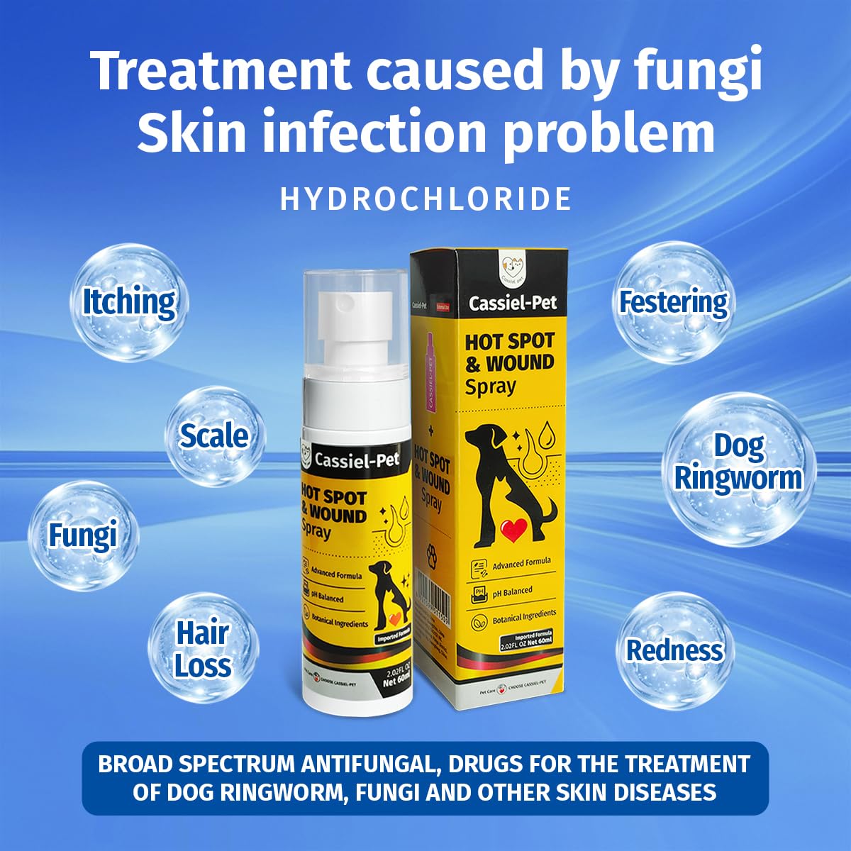 Cassiel pet spray cuidado de heridas, limpia y protege zonas pequeñas.