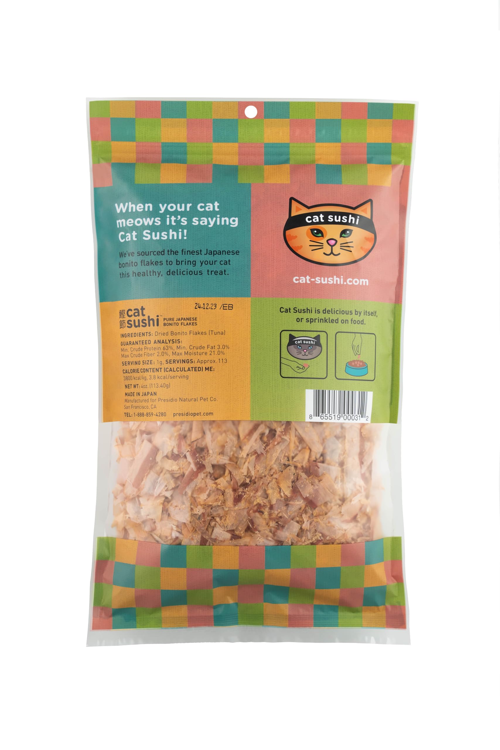 Cat Sushi Bonito Flakes empaque japonés, garantía de calidad y trazabilidad.