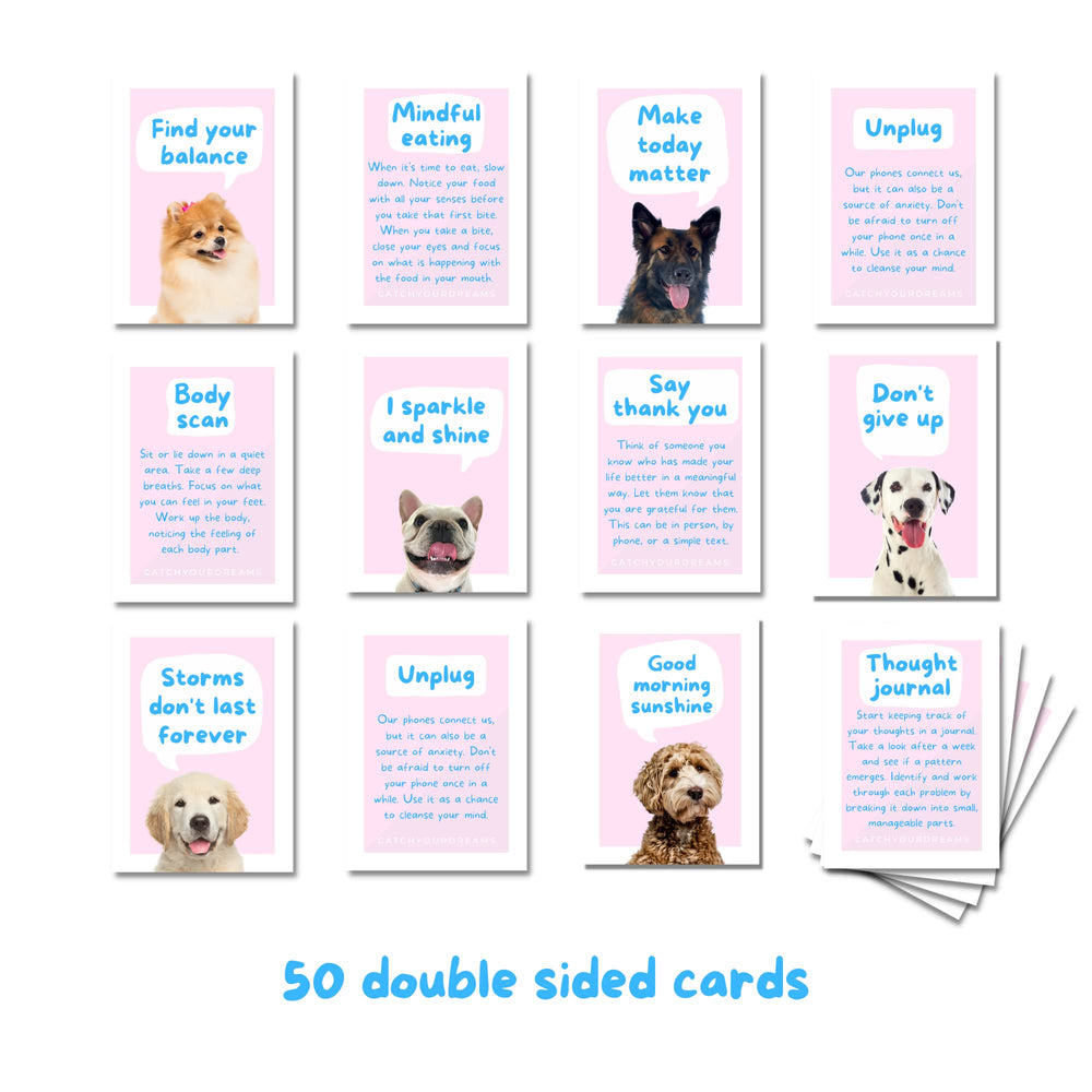 Cartas CatchYourDreams Dogs Against Anxiety, consejos de TCC para manejo del estrés.
