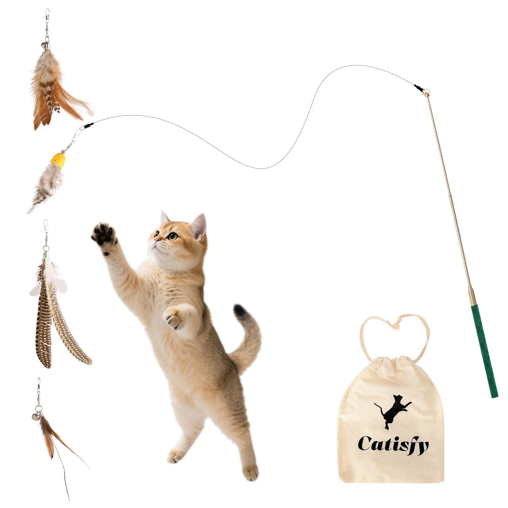 Varita Catisfy para gatos con pluma intercambiable, estimula la caza en interior.