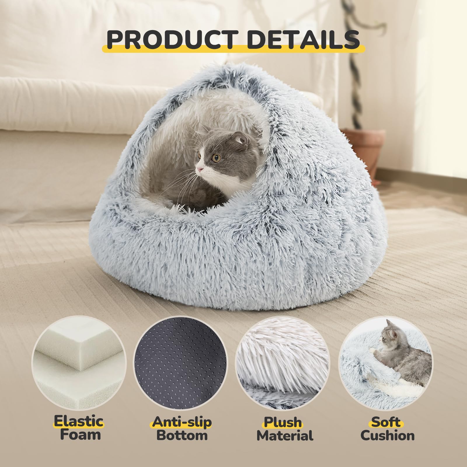 CATISM cama con capucha de felpa, interior de la cueva, espacio privado para tu gato.